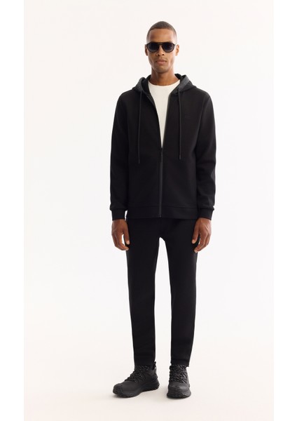 Erkek Siyah Kapüşonlu Yaka Fermuarlı Pamuklu Bi-Stretch Regular Fit Sweatshirt A52Y1270