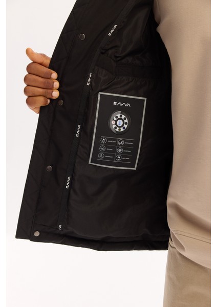 Erkek Siyah Kapüşonlu %100 Kaz Tüyü Su İtici Rüzgar Geçirmez -10°C Dayanıklı Mont A52Y6166