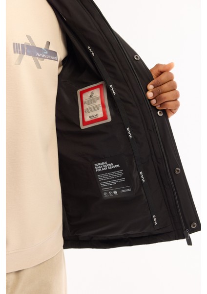 Erkek Siyah Kapüşonlu %100 Kaz Tüyü Su İtici Rüzgar Geçirmez -10°C Dayanıklı Mont A52Y6166