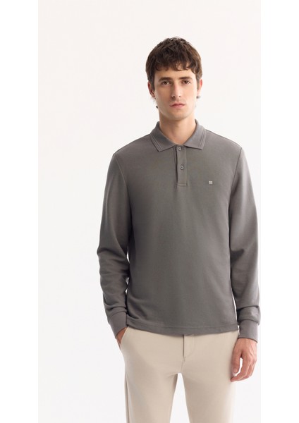 Erkek Koyu Gri Polo Yaka Pamuklu Basic Slim Fit Sweatshirt B001080
