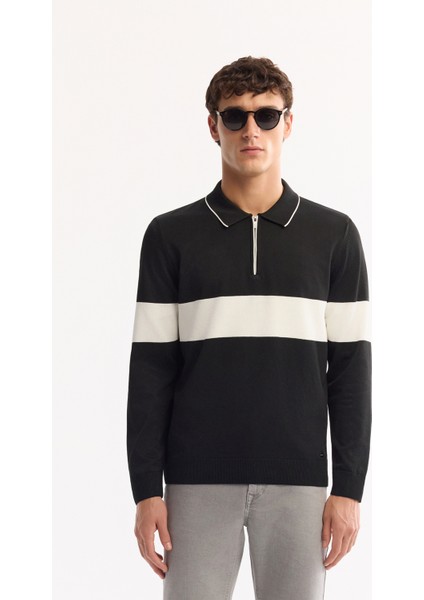 Erkek Siyah Polo Yaka Fermuarlı Çizgili Triko Regular Fit Kazak A52Y5090