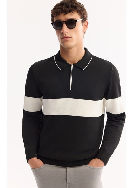 Erkek Siyah Polo Yaka Fermuarlı Çizgili Triko Regular Fit Kazak A52Y5090 fiyatları