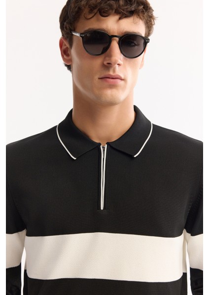 Erkek Siyah Polo Yaka Fermuarlı Çizgili Triko Regular Fit Kazak A52Y5090 indirimleri
