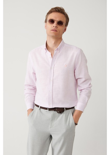Erkek Pembe Düğmeli Yaka Pamuklu Regular Fit Gömlek A41Y2130