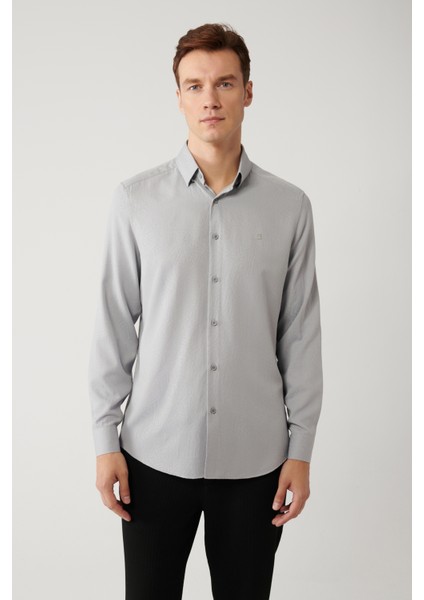 Erkek Gri Alttan Britli Yaka Kolay Ütülenebilir Slim Fit Gömlek A41Y2043
