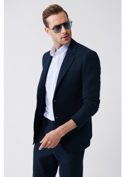 Erkek Lacivert Astarsız Çizgi Gofreli Çift Yırtmaç Ceket A31Y4009