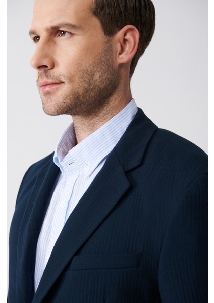 Erkek Lacivert Astarsız Çizgi Gofreli Çift Yırtmaç Ceket A31Y4009 fiyatları