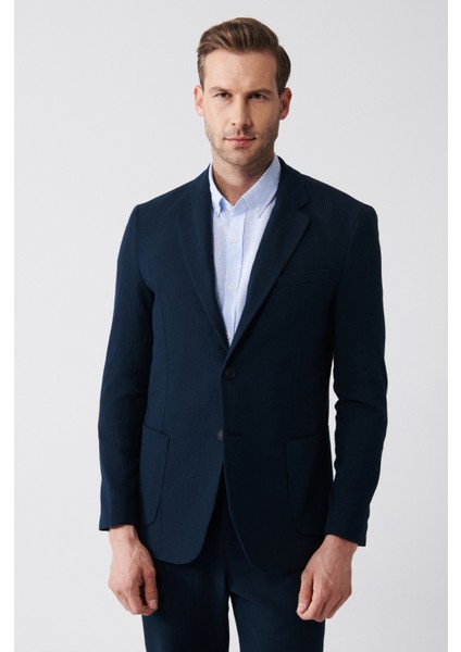 Erkek Lacivert Astarsız Çizgi Gofreli Çift Yırtmaç Ceket A31Y4009 modelleri