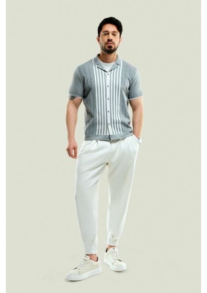 Erkek Beyaz Klasik Bel Pileli Baggy Fit Örme Pantolon A41Y3075