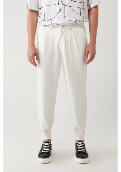 Erkek Beyaz Klasik Bel Pileli Baggy Fit Örme Pantolon A41Y3075 modelleri