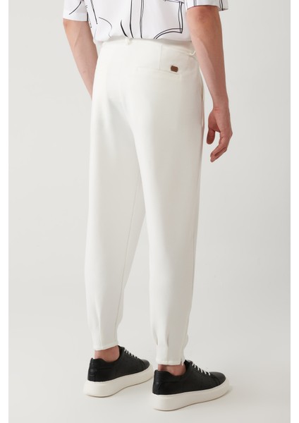 Erkek Beyaz Klasik Bel Pileli Baggy Fit Örme Pantolon A41Y3075