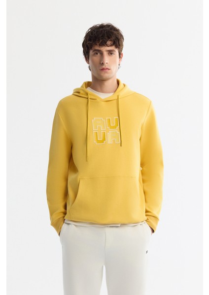 Erkek Sarı Kapüşonlu Pamuklu Baskılı Elastan Regular Fit Sweatshirt A42Y1324