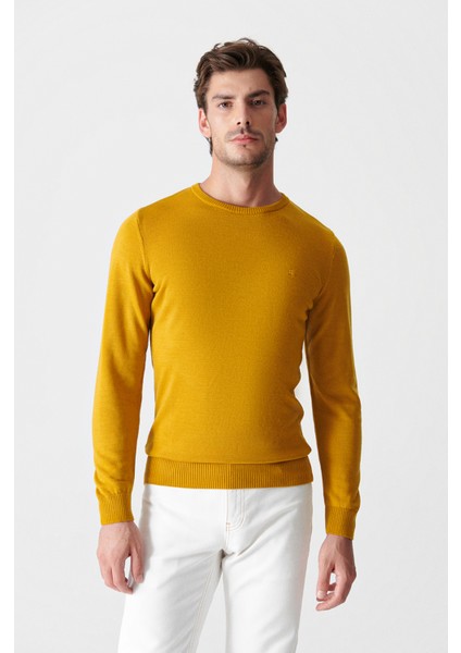 Erkek Hardal Bisiklet Yaka Tüylenmeyen Triko Regular Fit Kazak E005000