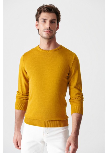 Erkek Hardal Bisiklet Yaka Tüylenmeyen Triko Regular Fit Kazak E005000 modelleri