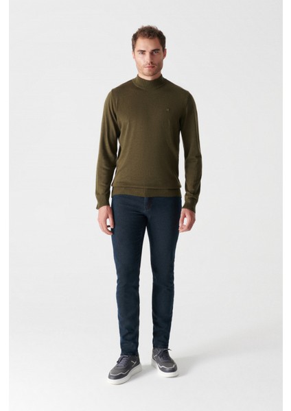 Erkek Haki Yarım Balıkçı Yaka Tüylenmeyen Triko Regular Fit Kazak E005001