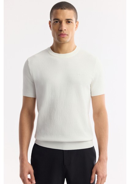 Erkek Ekru Bisiklet Yaka Viskon Karışımlı Triko Regular Fit T-Shirt B005119 indirimleri