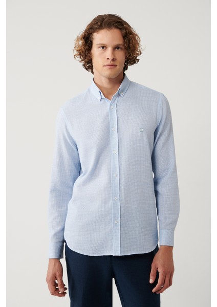 Erkek Açık Mavi Düğmeli Yaka Pamuklu Regular Fit Gömlek A41Y2130