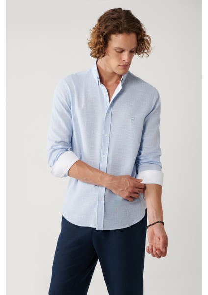 Erkek Açık Mavi Düğmeli Yaka Pamuklu Regular Fit Gömlek A41Y2130 modelleri