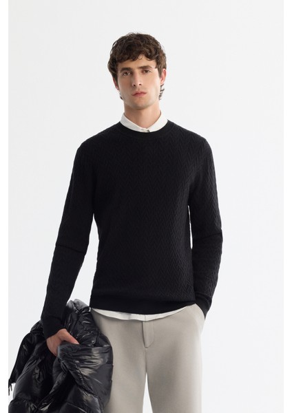 Erkek Siyah Bisiklet Yaka Jakarlı Soft Touch Triko Regular Fit Kazak A42Y5145