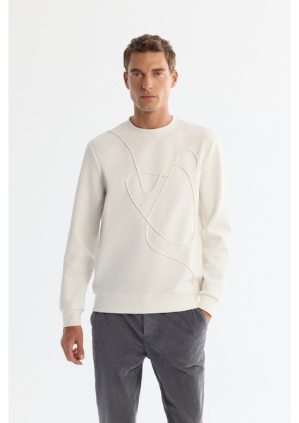 Erkek Ekru Bisiklet Yaka Pamuklu Nakışlı Regular Fit Sweatshirt A42Y1247