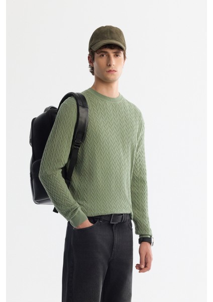 Erkek Su Yeşili Bisiklet Yaka Jakarlı Soft Touch Triko Regular Fit Kazak A42Y5145