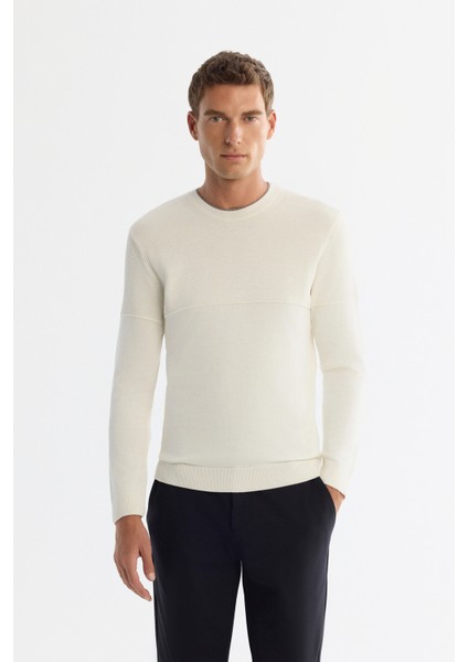 Erkek Ekru Bisiklet Çift Yaka Dokulu Pamuklu Triko Regular Fit Kazak A42Y5190