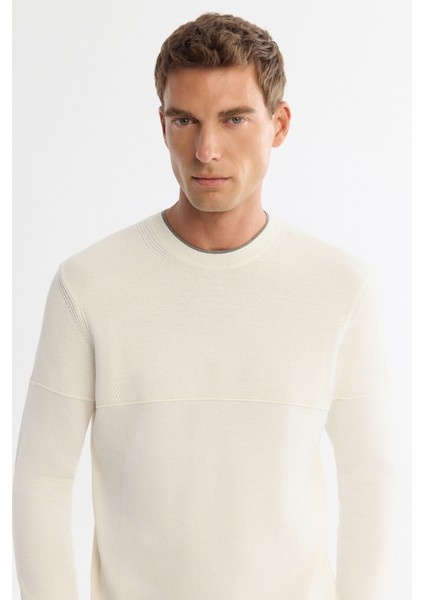 Erkek Ekru Bisiklet Çift Yaka Dokulu Pamuklu Triko Regular Fit Kazak A42Y5190 fiyatları