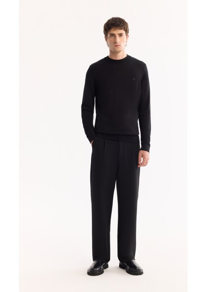 Erkek Siyah Bisiklet Yaka Viskon Viskon Karışımlı Basic Triko Regular Fit Kazak B005021