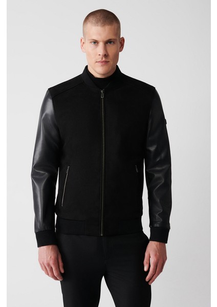 Erkek Siyah Bomber Yaka Ribanalı Süet-Deri Mont A32Y6036
