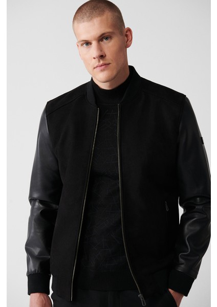 Erkek Siyah Bomber Yaka Ribanalı Süet-Deri Mont A32Y6036 modelleri