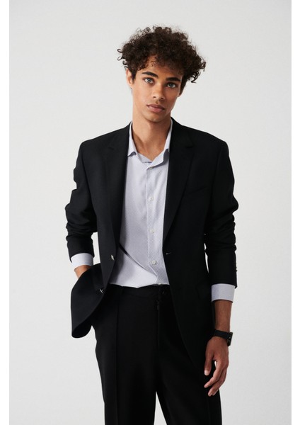 Erkek Siyah Mono Yaka Kapaklı Cepli Astarlı Çift Yırtmaçlı Metal Düğmeli Blazer Ceket A32Y4029