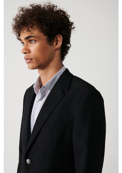 Erkek Siyah Mono Yaka Kapaklı Cepli Astarlı Çift Yırtmaçlı Metal Düğmeli Blazer Ceket A32Y4029 fiyatları