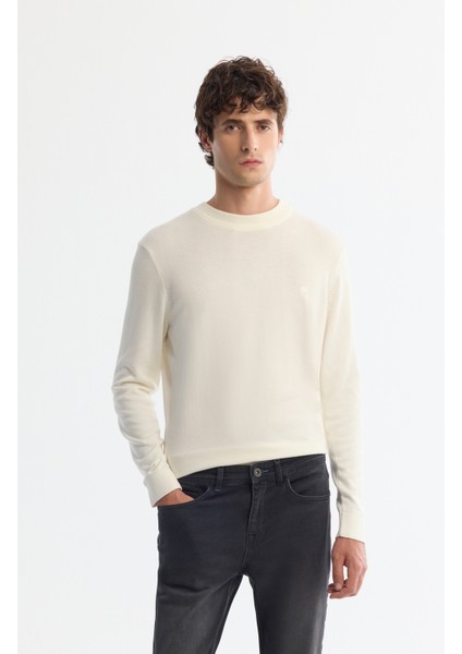 Erkek Ekru Bisiklet Yaka Viskon Viskon Karışımlı Basic Triko Regular Fit Kazak B005021