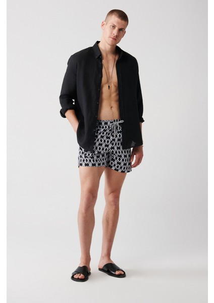 Erkek Siyah Geometrik Baskılı Deniz Şortu A31Y3817