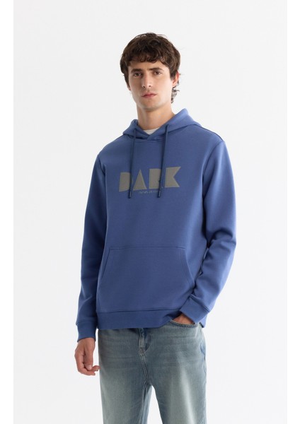 Erkek Mavi Kapüşonlu Pamuklu Baskılı Elastan Regular Fit Sweatshirt A42Y1322