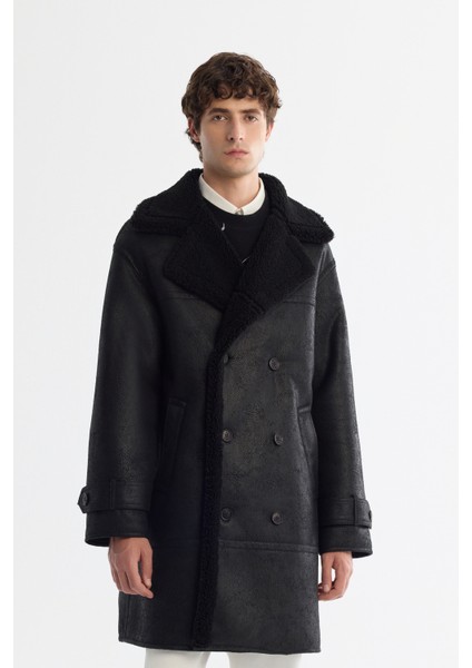 Erkek Siyah Kürklü Mono Yaka Deri Görünümlü Uzun Napa Comfort Fit Kaban A42Y6125