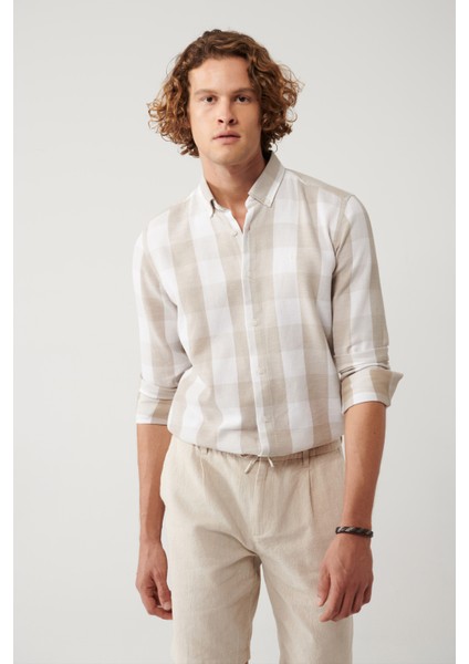 Erkek Bej %100 Pamuk Düğmeli Yaka Pamuklu Ekose Dokulu Regular Fit Gömlek A41Y2044