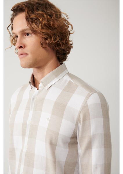 Erkek Bej %100 Pamuk Düğmeli Yaka Pamuklu Ekose Dokulu Regular Fit Gömlek A41Y2044 fiyatları