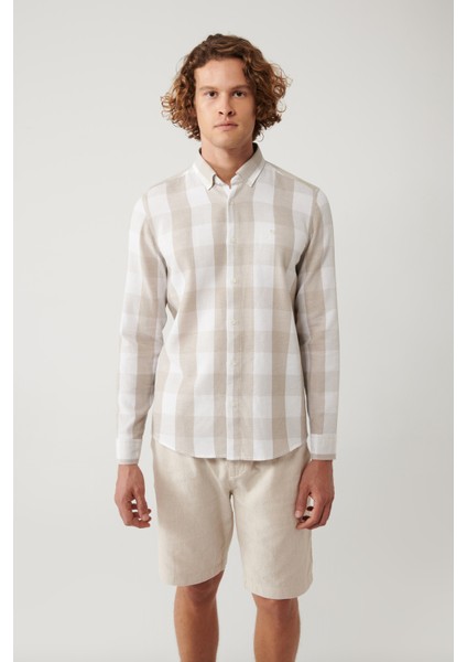 Erkek Bej %100 Pamuk Düğmeli Yaka Pamuklu Ekose Dokulu Regular Fit Gömlek A41Y2044 modelleri