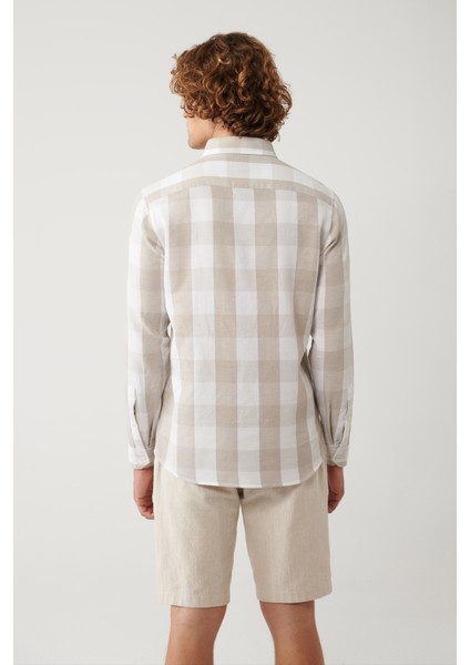 Erkek Bej %100 Pamuk Düğmeli Yaka Pamuklu Ekose Dokulu Regular Fit Gömlek A41Y2044 fırsatları