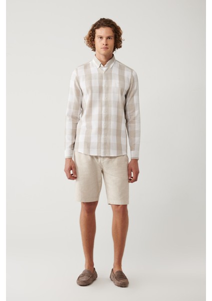 Erkek Bej %100 Pamuk Düğmeli Yaka Pamuklu Ekose Dokulu Regular Fit Gömlek A41Y2044