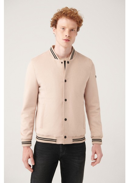 Erkek Bej İçi Elyaf Kapitoneli Ribanalı Çıtçıtlı Suni Süet Mont A31Y6001