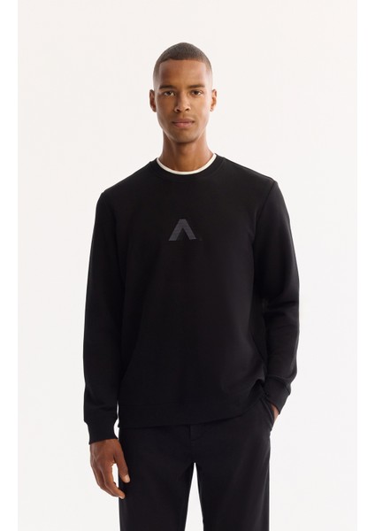 Erkek Siyah Bisiklet Yaka Pamuklu Bi-Stretch Baskılı Regular Fit Sweatshirt A52Y1305