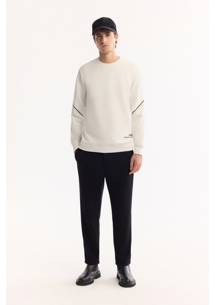 Erkek Ekru Bisiklet Yaka Pamuklu Bi-Stretch Baskılı Regular Fit Sweatshirt A52Y1258