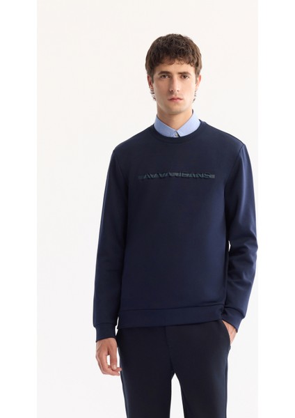 Erkek Lacivert Bisiklet Yaka Pamuklu Bi-Stretch Baskılı Regular Fit Sweatshirt A52Y1210