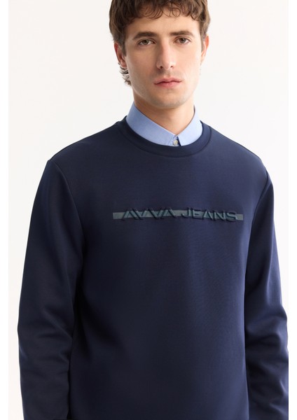 Erkek Lacivert Bisiklet Yaka Pamuklu Bi-Stretch Baskılı Regular Fit Sweatshirt A52Y1210