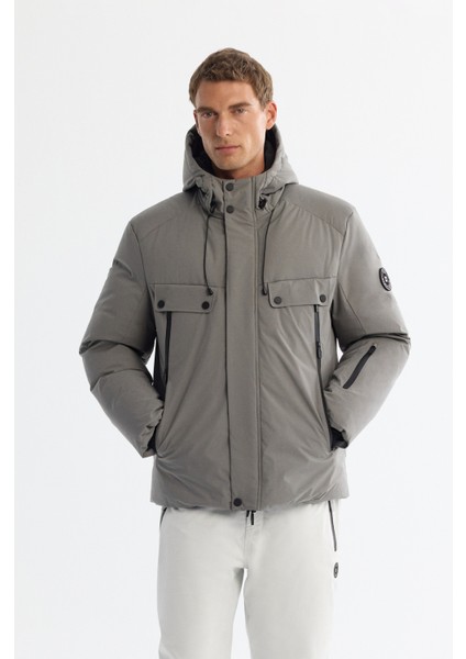 Erkek KoyuGri Kapüşonlu Su İtici Rüzgar Geçirmez -20°C Dayanıklı Kaz Tüyü Kayak Montu A42Y6123