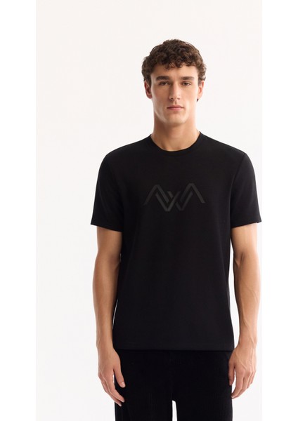 Erkek Siyah Bisiklet Yaka Viskon Karışımlı Bi-Stretch Baskılı Regular Fit T-Shirt A52Y1016
