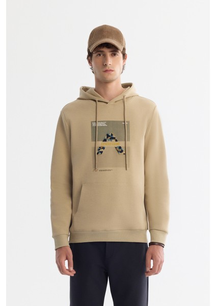 Erkek Bej Kapüşonlu Pamuklu Baskılı Elastan Regular Fit Sweatshirt A42Y1321