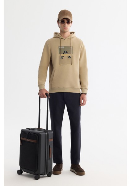 Erkek Bej Kapüşonlu Pamuklu Baskılı Elastan Regular Fit Sweatshirt A42Y1321